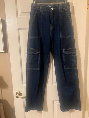 Junior’s Dark Blue Indigo Straight Leg Utility Cargo High Rise Jeans Size Small